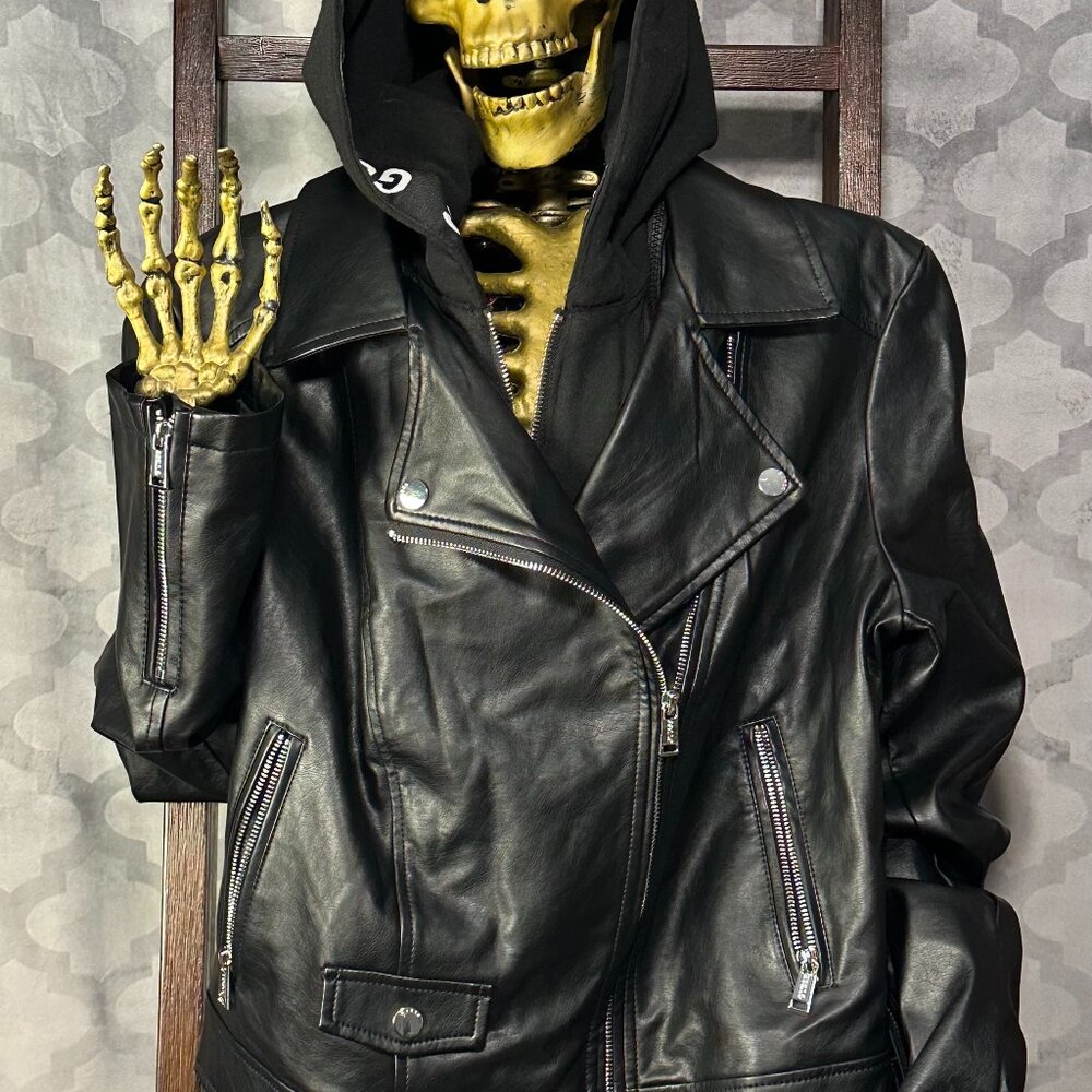 Guess Faux Leather Moto Jacket with Removable Hood